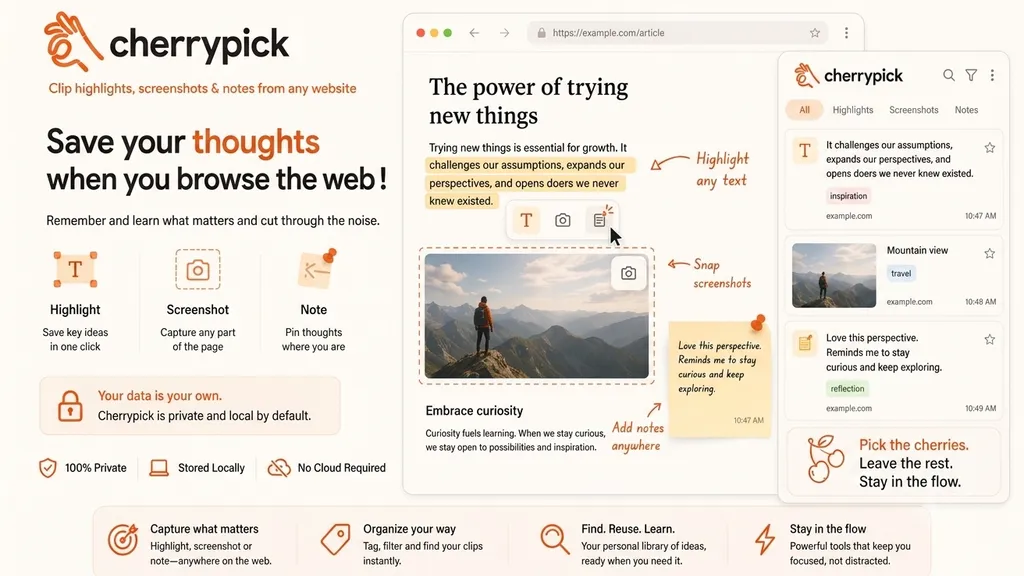 cherrypick browser extension highlighting text, capturing a screenshot and pinning a note on a web article